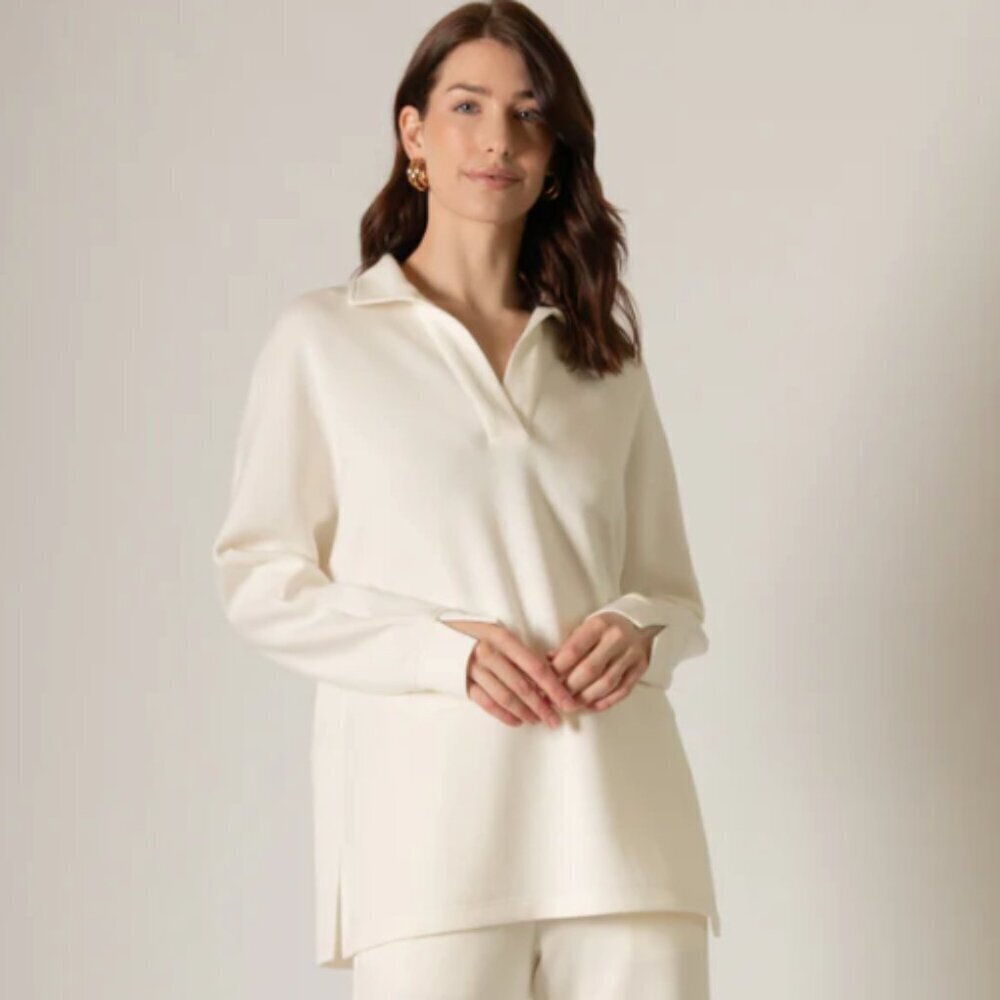 P Cill Harriet Collared Long Sleeve Butter Modal Top Ivory Neutral Minimalist